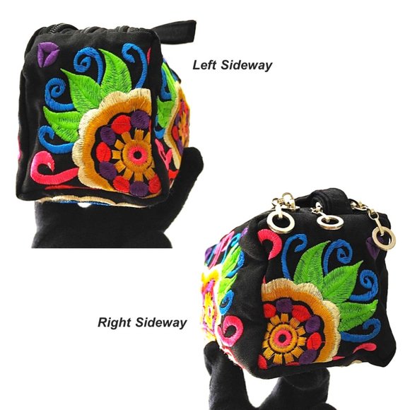 Embroidery Black Wristlet 3-Layer Zipper Geo Floral Fabric Gold Red Pouch Lined - Picture 4 of 10